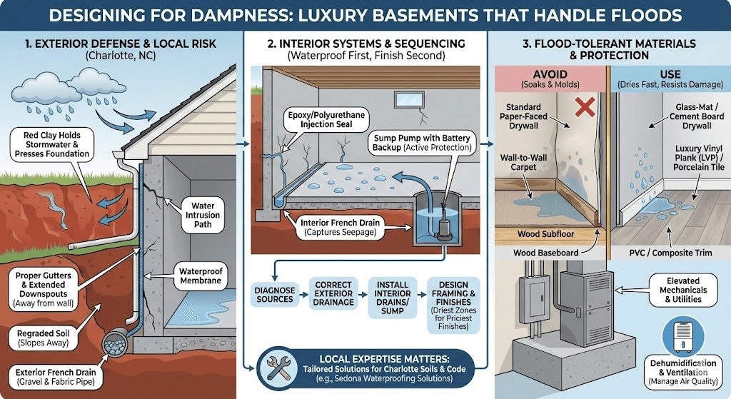 Illustration showing luxury basement design features that prevent dampness