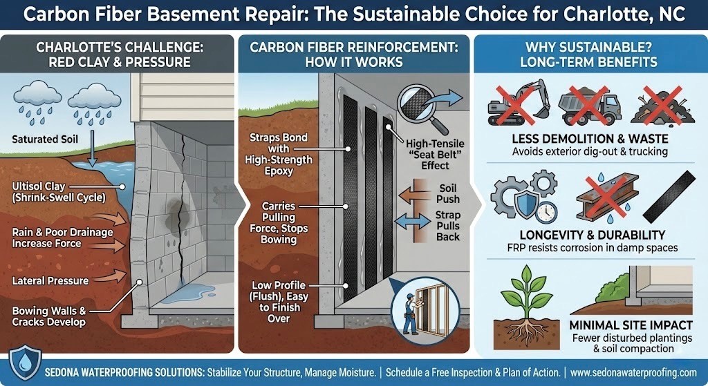 Carbon fiber basement wall reinforcement for basement repair in Charlotte NC