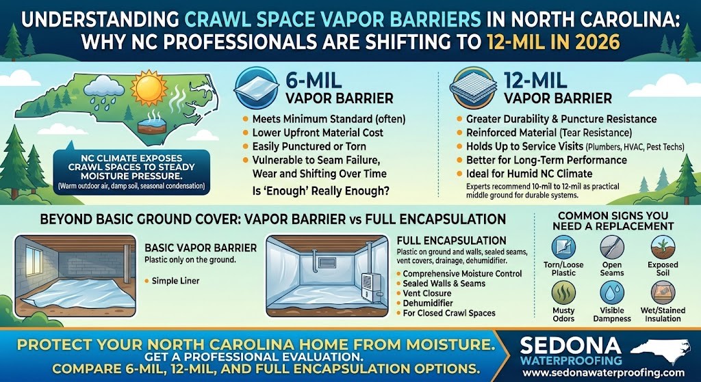 Crawl space protection using 12 mil vapor barrier for moisture control in North Carolina
