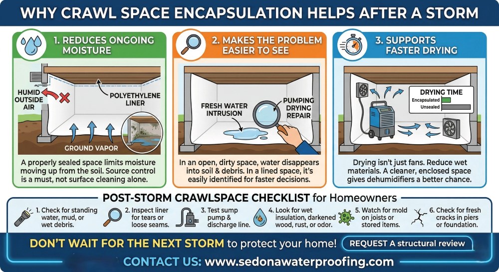 The Post-Storm Checklist infographic showing encapsulated crawlspace for faster cheaper recovery all