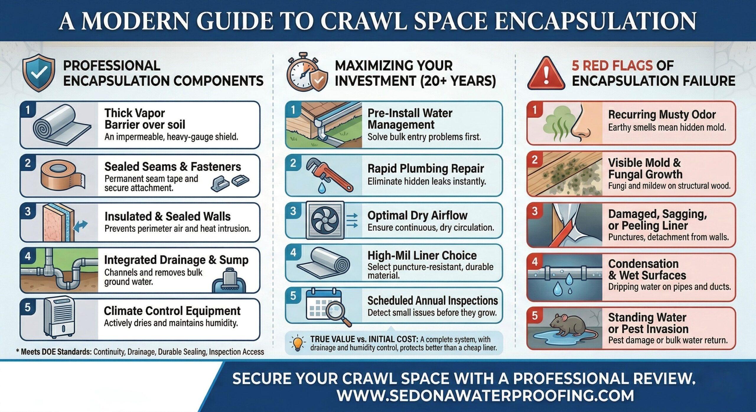 Crawl space encapsulation lifespan infographic showing 5 signs of failure like moisture mold damage